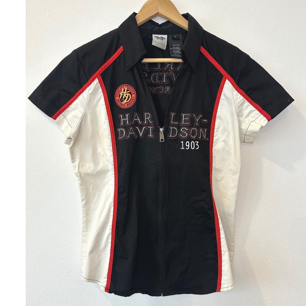 Harley-Davidson Women Black White Zip Short Sleeve Embroidered Shirt 96111-13VW